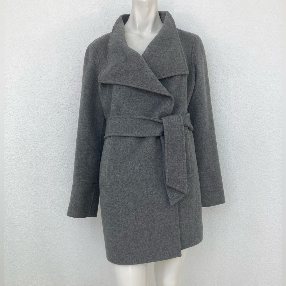 Vince Wool Draped Collar Car Coat Belted High Asymmetrical Neck Gray Pea Coat